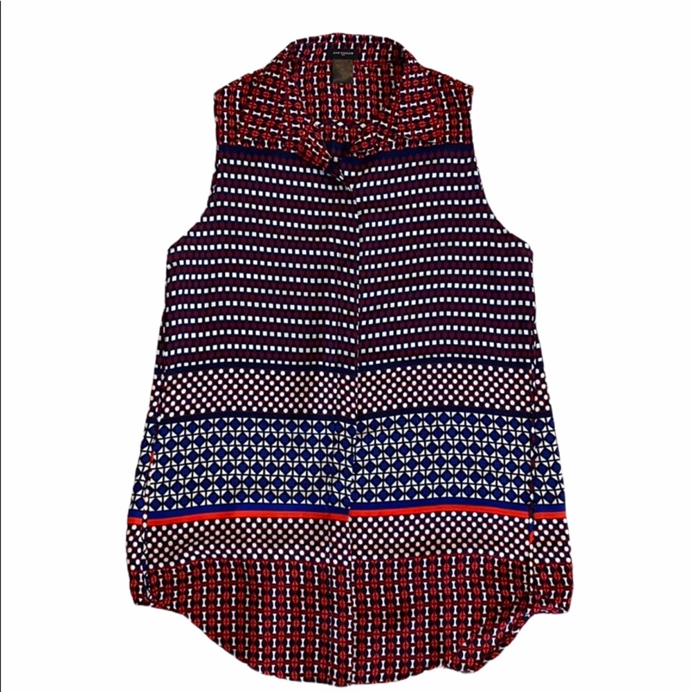 Ann Taylor Factory Sleeveless Button Blouse Tunic Navy Blue Red Print XS